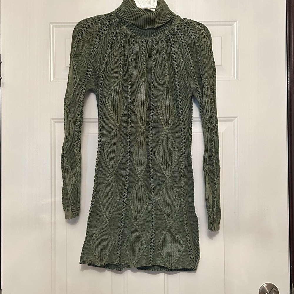 Pulp Textured Cotton Turtleneck Sweater Dress S Green Knit Career Timeless